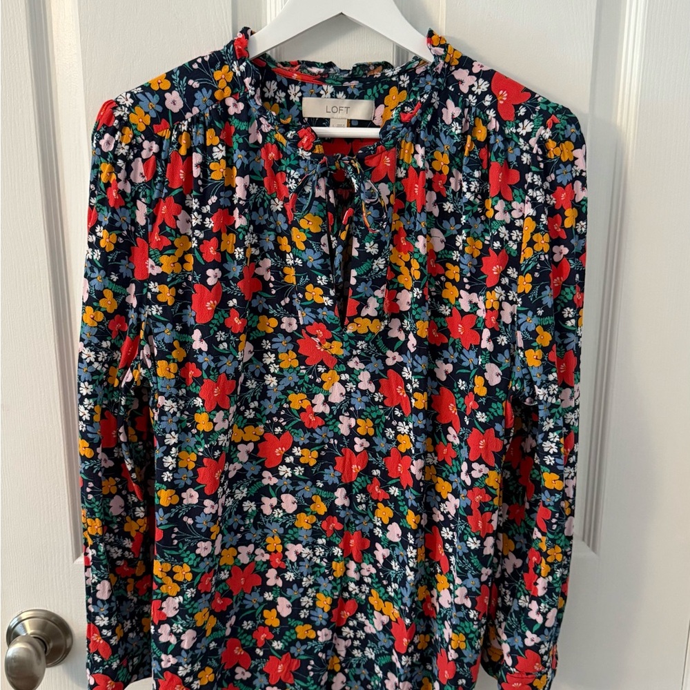 LOFT Women's Colorful Floral Tie-Neck Blouse